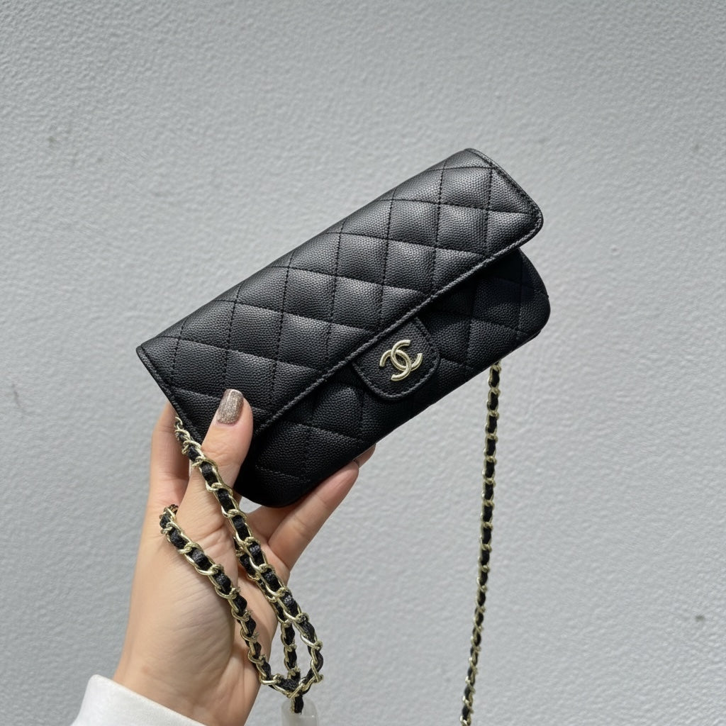 Include Entrupy Certificate of Authenticity｜Very Good ( Rank A)｜ CHANEL Caviar Skin Matrasse Chain Sunglasses Case Bag Black Made In 2020-2021Year  ｜S26052508