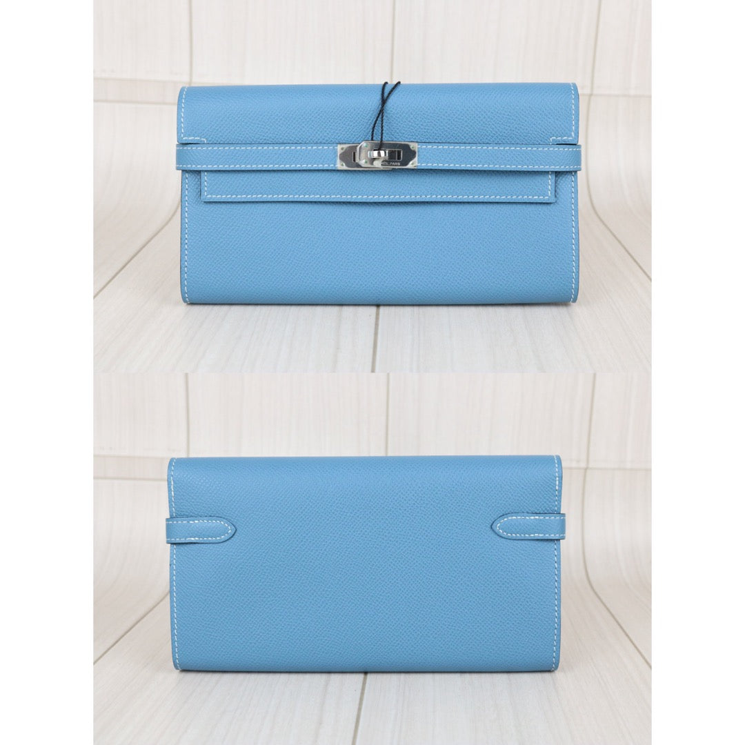 Include Entrupy Certificate of Authenticity｜Very Good ( Rank A)｜ HERMES Goatskin Kelly Long Wallet Etoupe □O Stamp Made In 2011Year Bleu Jean｜X26100708