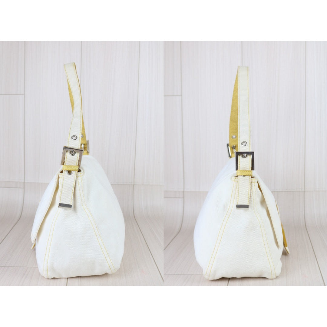 Include Entrupy Certificate of Authenticity｜Good ( Rank AB)｜ FENDI White Denim and Yellow Python Mamma Baguette Shoulder Bag ｜X26090412