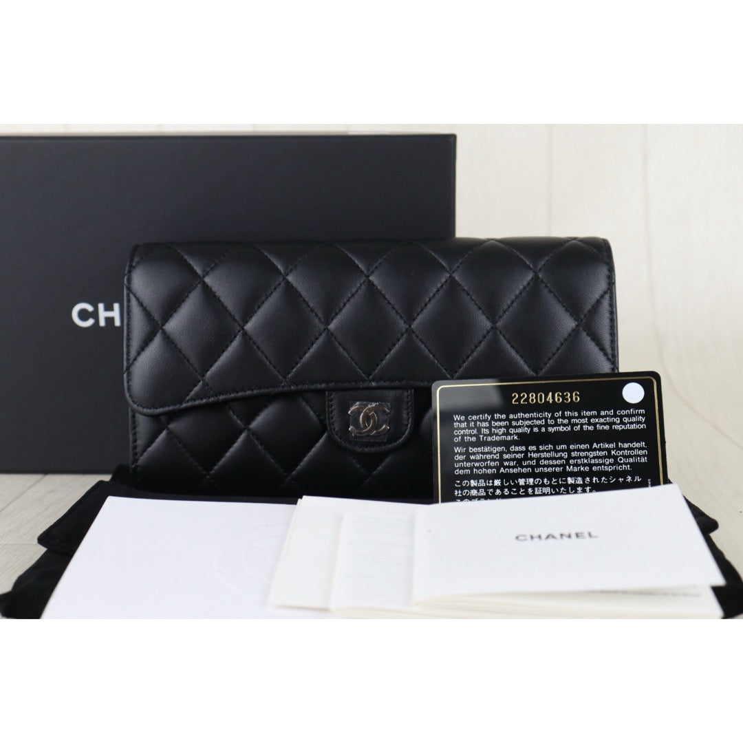 Include Entrupy Certificate of Authenticity｜Excellent（Rank SA）｜Full Set CHANEL Lamb Skin Black Long Wallet Made In 2016-2017Year｜S26060403