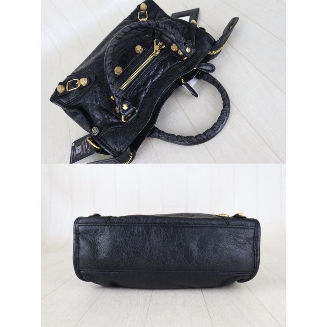 Include Entrupy Certificate of Authenticity｜Good ( Rank AB)｜Balenciaga Chevre Leather Gaint Classic Metallic Edge City Mini Black HandBag Shoulder Bag ｜Z26092903