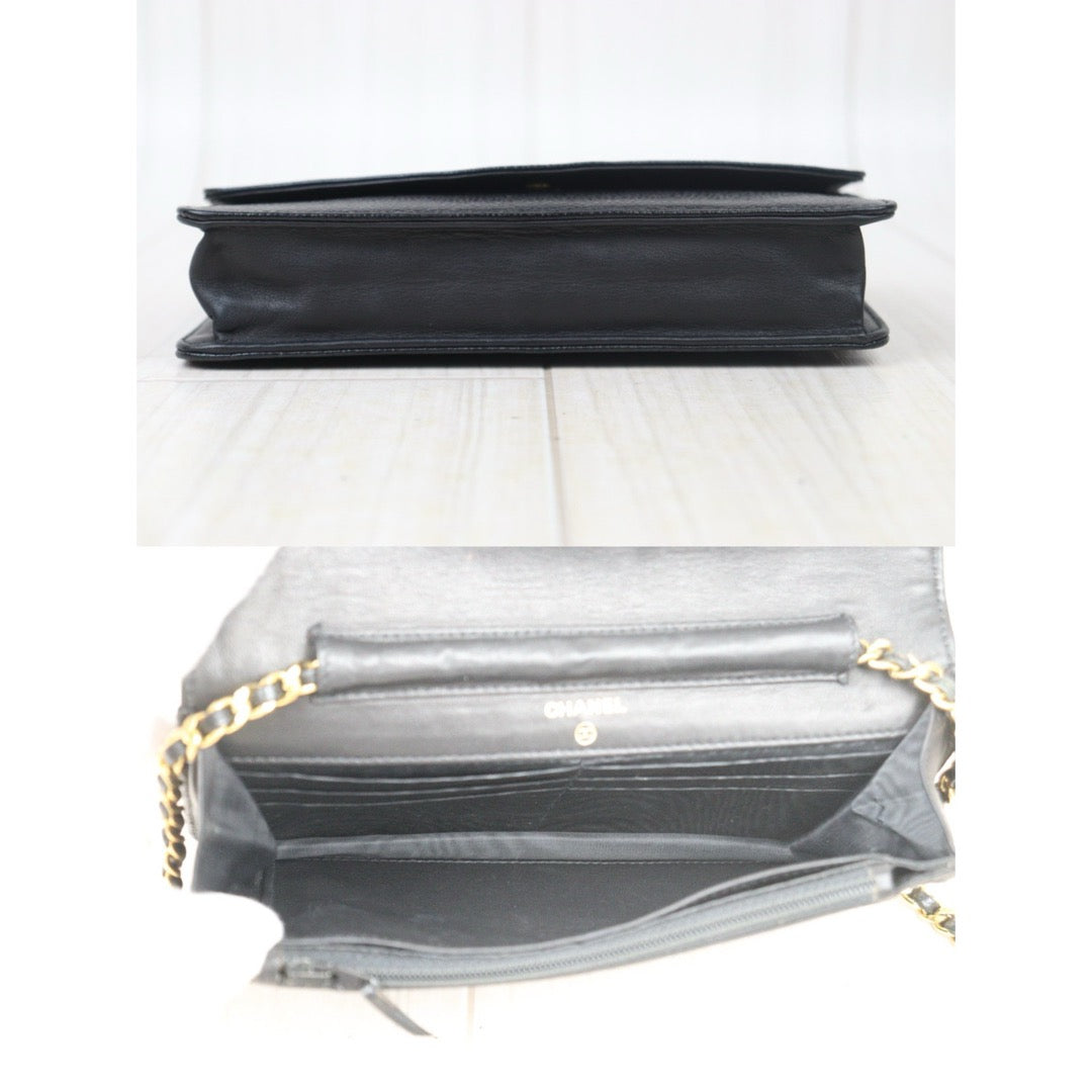 Good ( Rank AB)｜ CHANEL Caviar Skin Chain Wallet Black Gold Hardware Made in 1996-1997 Year ｜24100705