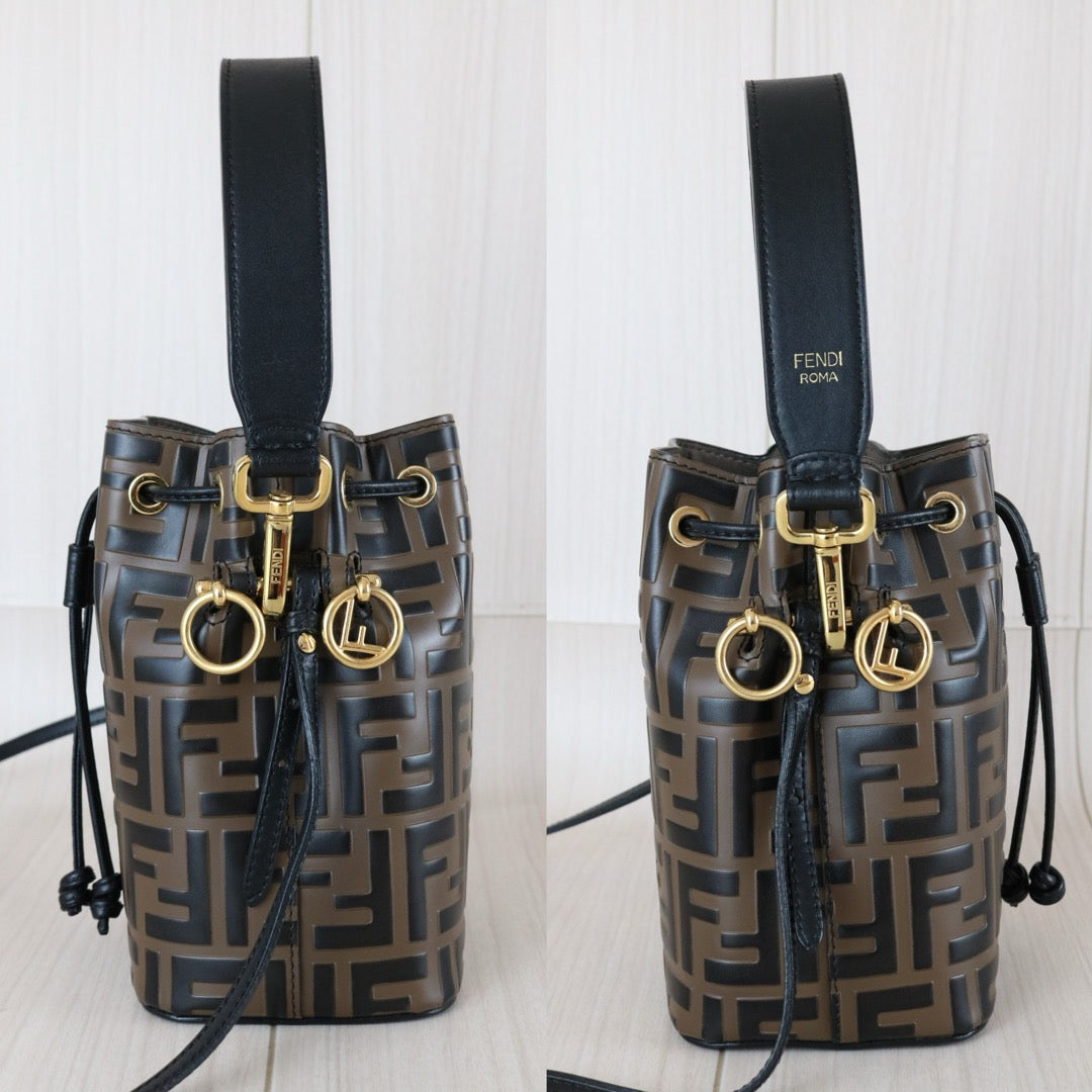 Good ( Rank AB)｜ FENDI Zucca Mini Mon Tresor Calf Leather Bucket bag Shoulder Bag Brown ｜S25122304