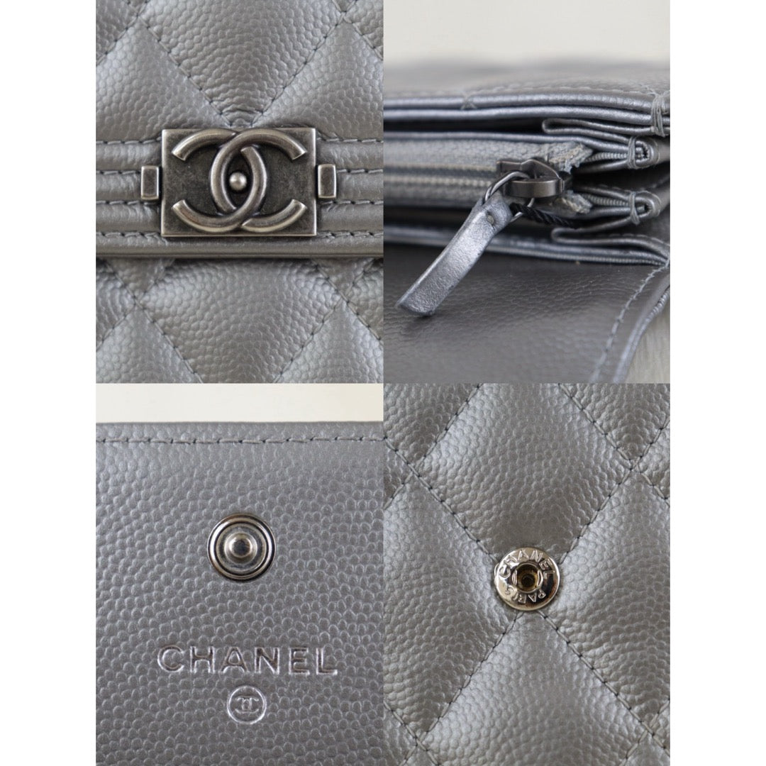 Include Entrupy Certificate of Authenticity｜Very Good ( Rank A)｜Chanel Caviar Skin Leboy  Space Silver Long Wallet Made In 2017-2018Year ｜S26090725