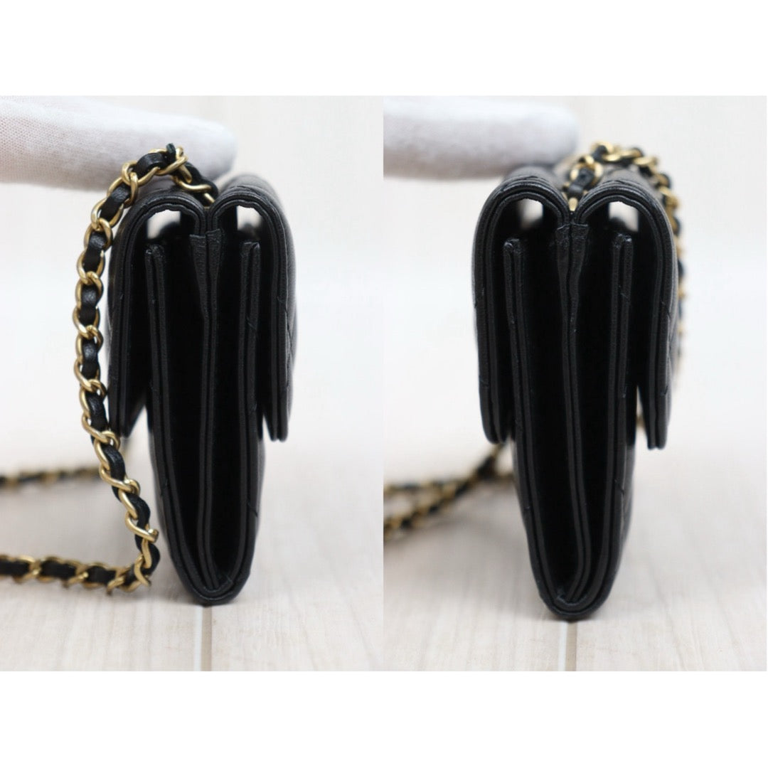 Very Good ( Rank A)｜ CHANEL Matelasse Chain Lamb Skin Coco Mark Card Holder Black Made In 2020-2021Year ｜P25080608