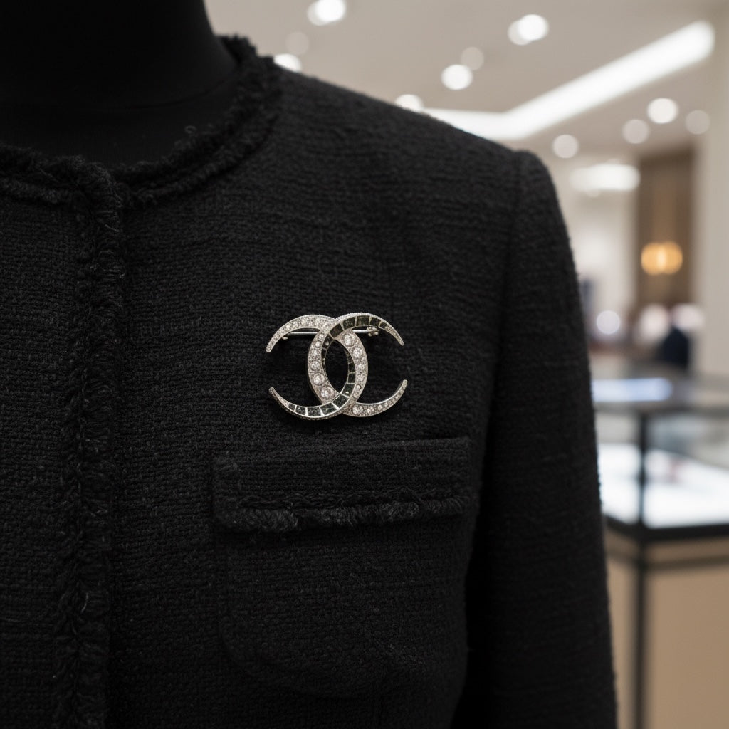 Include Authentic Detective Certificate of Authenticity｜Very Good ( Rank A)｜ CHANEL B15C Coco Mark Silver Rhinestone Brooch ｜S26050708