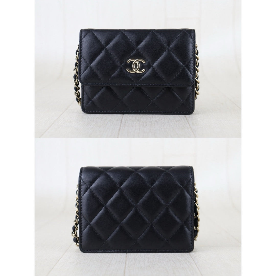 Include Entrupy Certificate of Authenticity｜Very Good ( Rank A)｜ CHANEL Coco Mark Lambskin Matrasse Bow Chain Mini WOC Black Made In 2021-2022Year｜S26052509