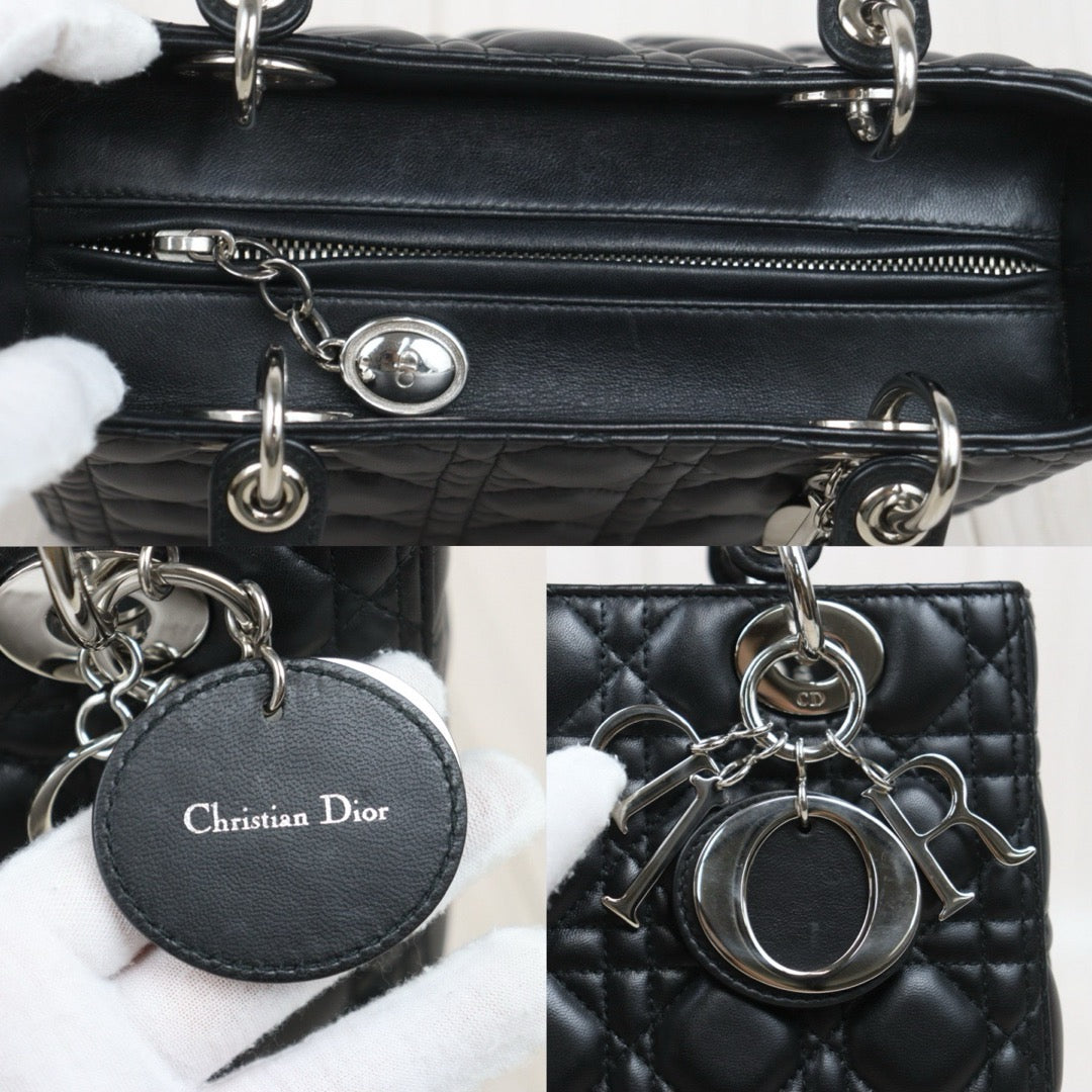 Very Good ( Rank A) ｜  Dior Lady Dior Lamb Skin 2WAY Shoulder Bag Handbag Black  ｜S25083002