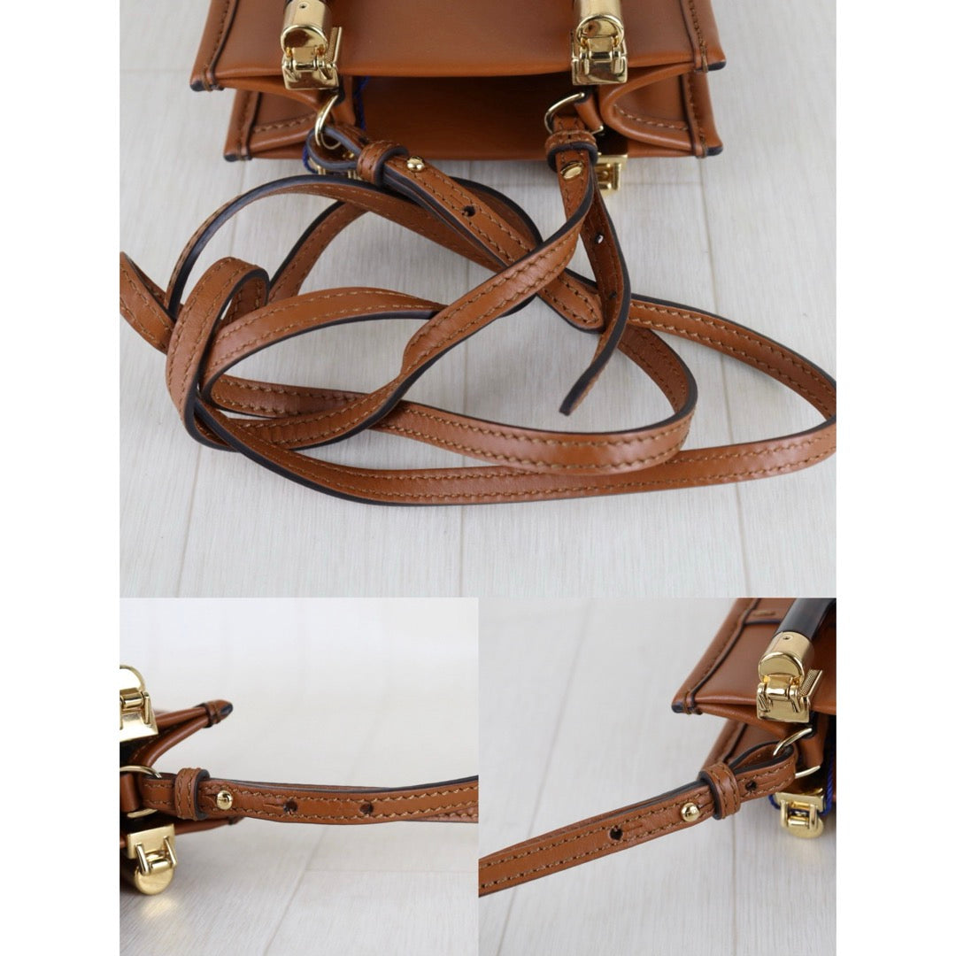 Include Entrupy Certificate of Authenticity｜Very Good ( Rank A)｜ FENDI Calfskin Leather Sunshine Mini  Tote Bag Shoulder Bag Brown｜S26030821