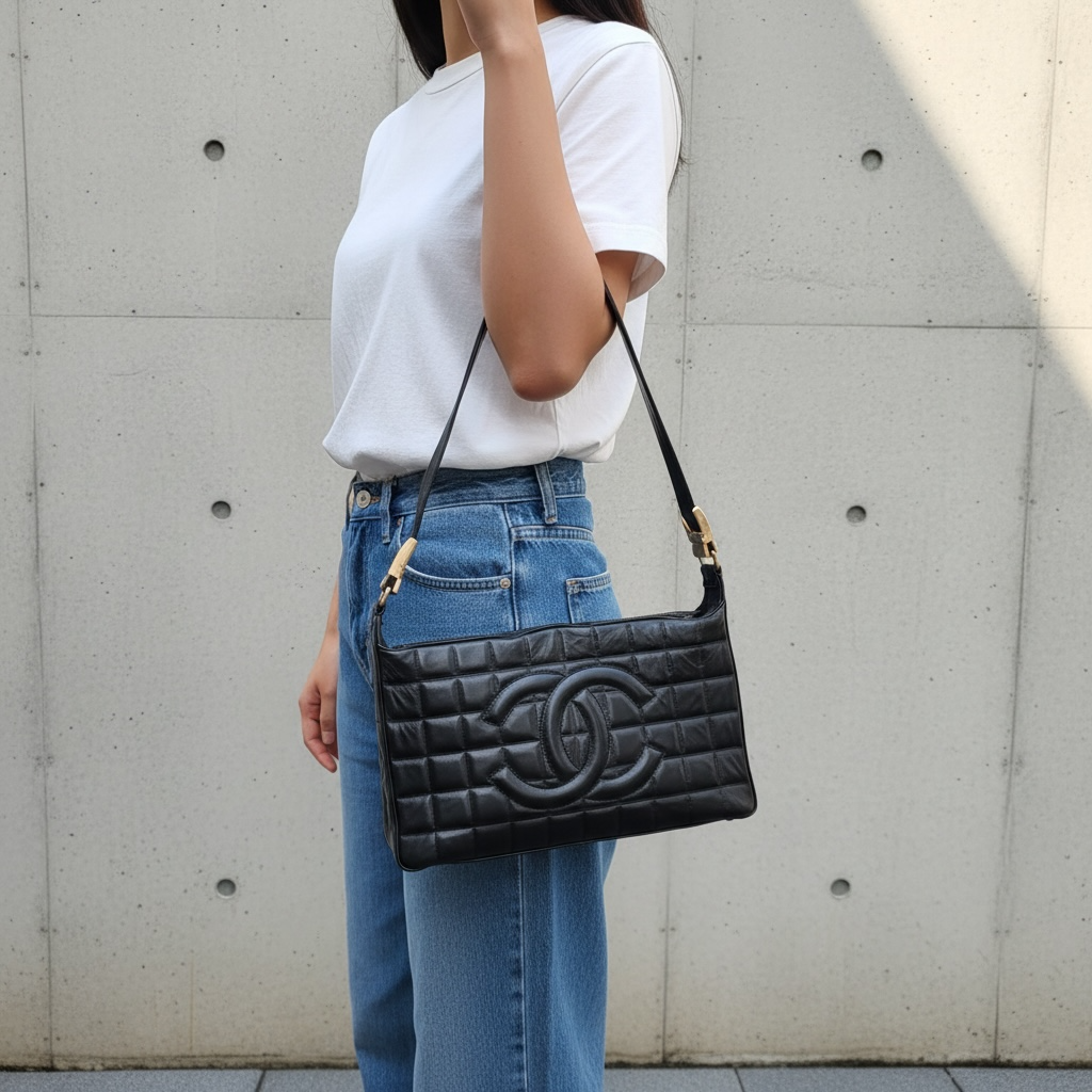 Include Entrupy Certificate of Authenticity｜Good ( Rank AB)｜CHANEL Choco Bar Lambskin Black Shoulder Bag  Made In 2003～2004Year｜26040210