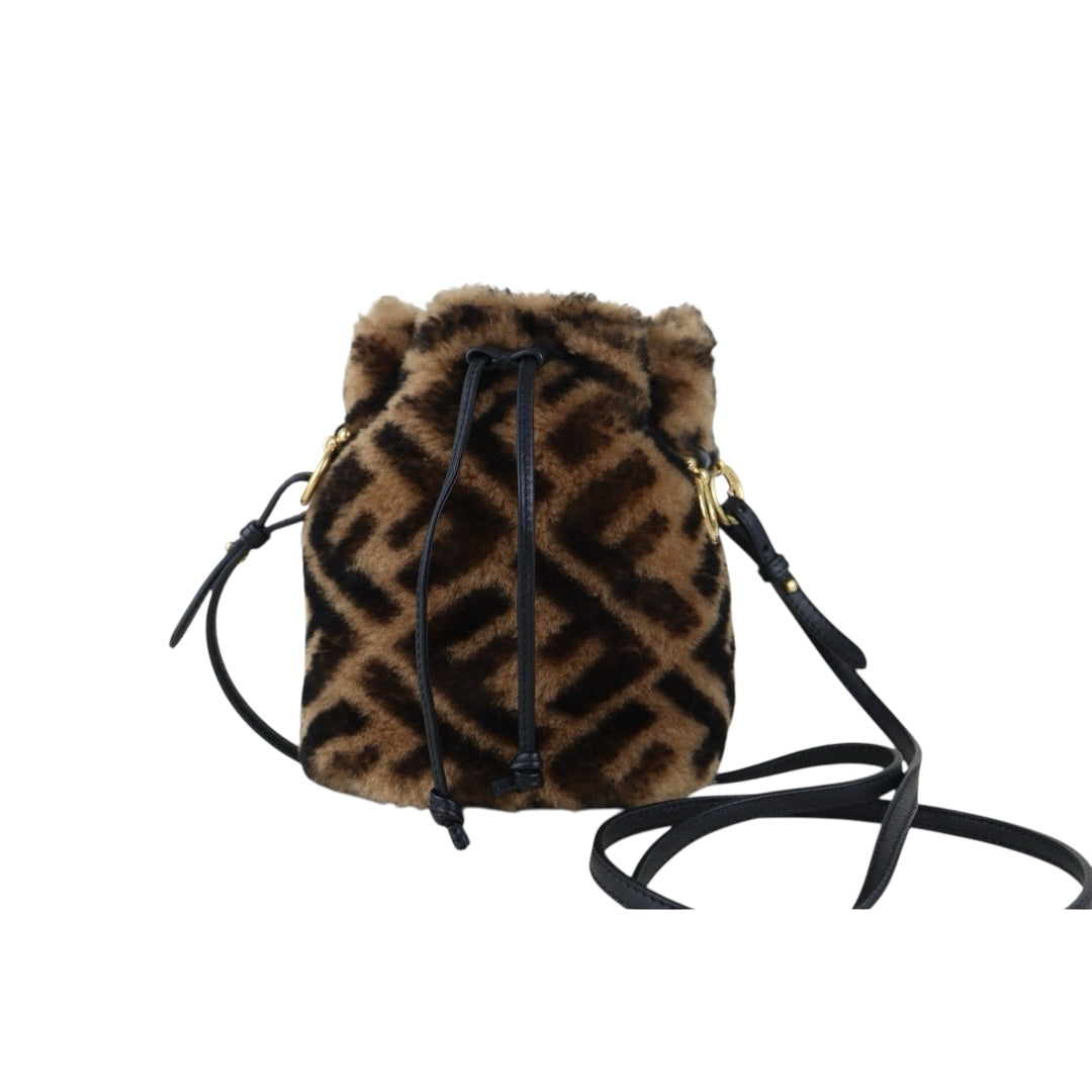 Include Entrupy Certificate of Authenticity｜Very Good ( Rank A)｜ FENDI Zucca Sheep Skin Mini Mon Tresor Bucket bag Shoulder Bag Brown ｜S26060119