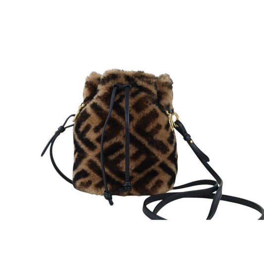 Include Entrupy Certificate of Authenticity｜Very Good ( Rank A)｜ FENDI Zucca Sheep Skin Mini Mon Tresor Bucket bag Shoulder Bag Brown ｜S26060119