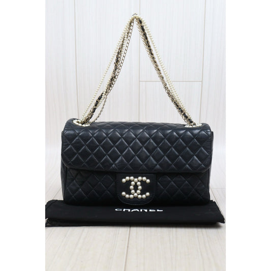 Good ( Rank AB)| CHANEL Lamb Skin Matrasse Pearl Chain Black Shoulder Bag Made in 2012Year|Y25110408