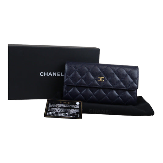 Rank A ｜Chanel Caviar Skin Navy Wallet｜V23061012