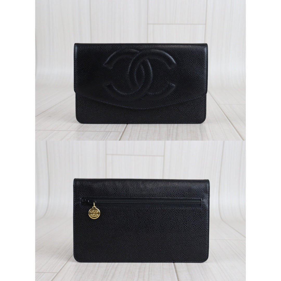 Rank A ｜Chanel Caviar Skin Black Wallet｜V23072502