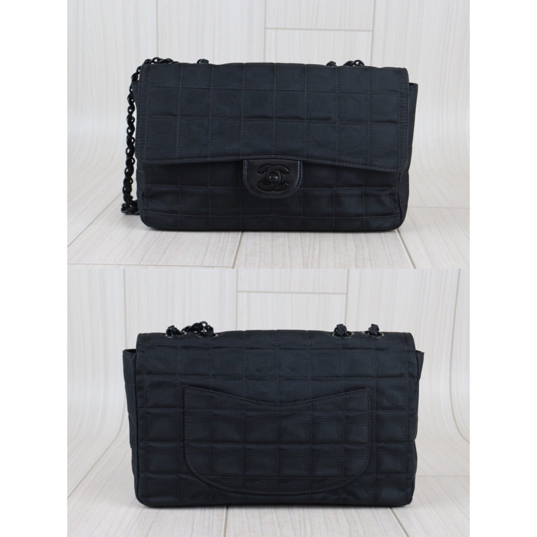 Rank AB ｜ CHANEL New Travel Line Chain Shoulder Bag Nylon Leather Blac –  BRAND GET