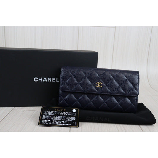 Rank A ｜Chanel Caviar Skin Navy Wallet｜V23061012