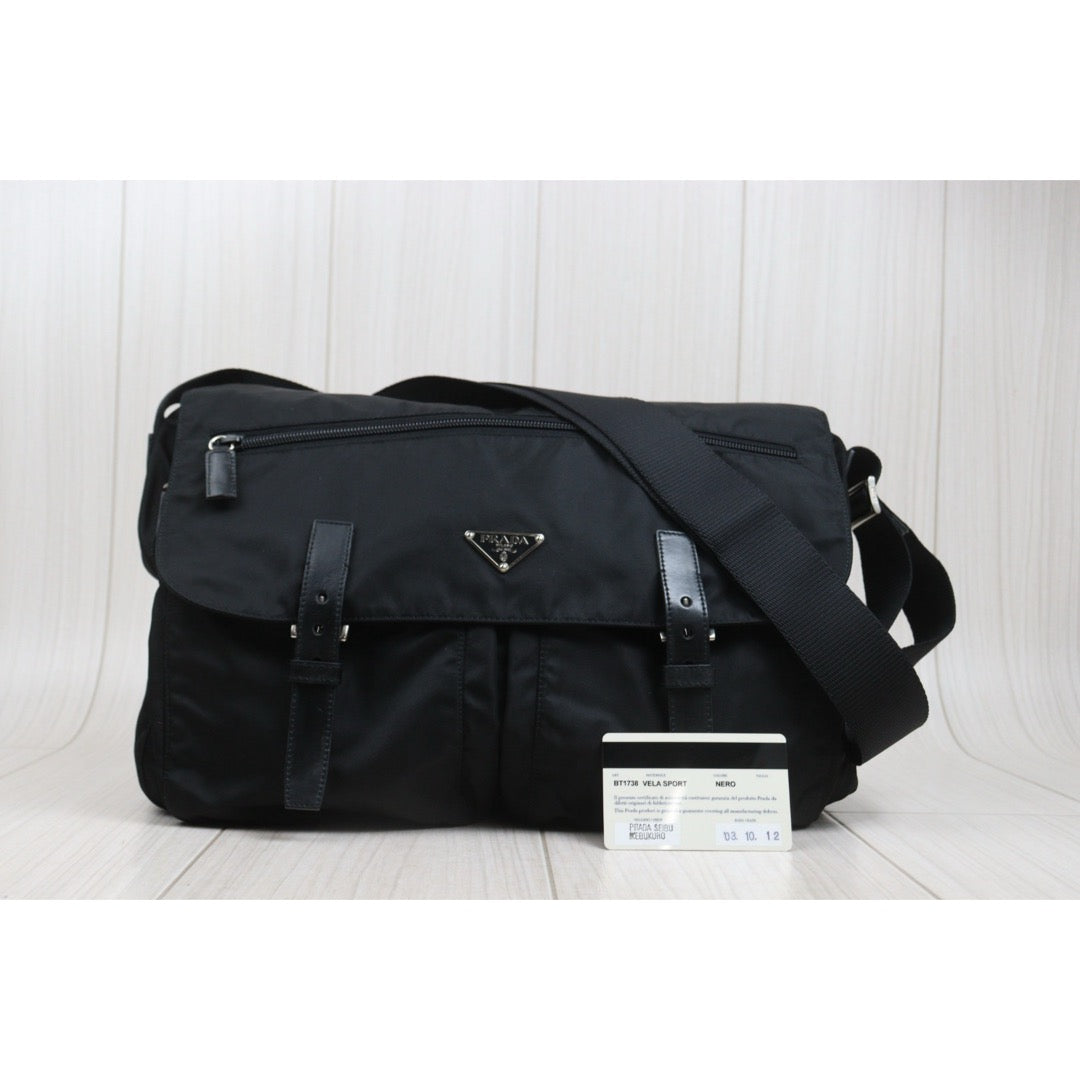 Include Entrupy Certificate of Authenticity｜Good ( Rank AB) ｜Prada  Vela Nylon Buckle Messenger Black Shoulder Bag｜26102607