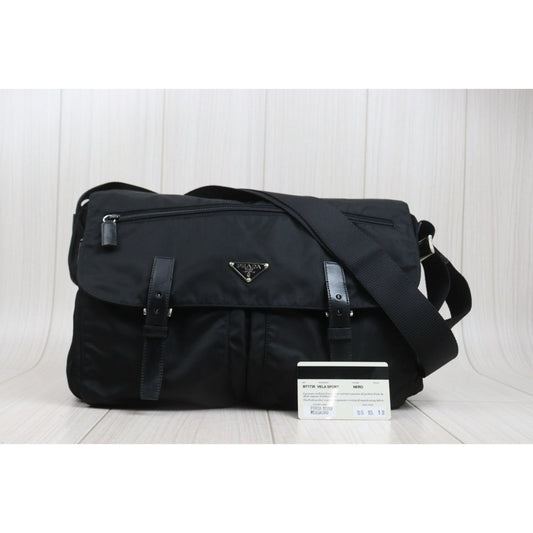 Include Entrupy Certificate of Authenticity｜Good ( Rank AB) ｜Prada  Vela Nylon Buckle Messenger Black Shoulder Bag｜26102607