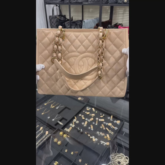 Include Entrupy Certificate of Authenticity｜Very Good ( Rank A) ｜ CHANEL Caviar Skin Matelasse Chain GST Tote Bag  Beige  Made In 2010-2011Year｜S25122306