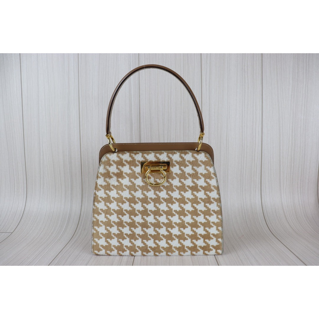 Rank A CELINE Houndstooth Brown Haraco Handbag 092901 BRAND GET