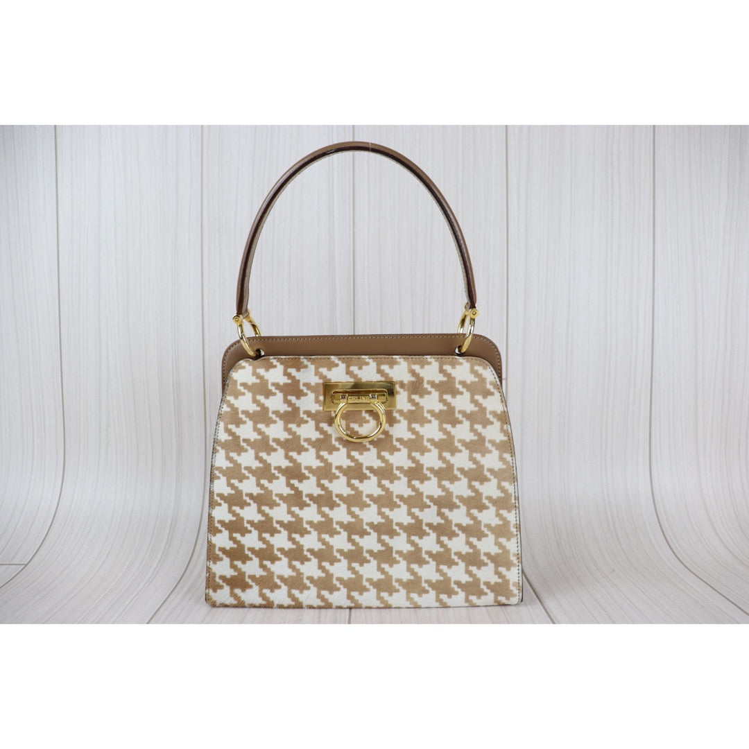 Rank A ｜ CELINE  Houndstooth Brown Haraco Handbag｜092901