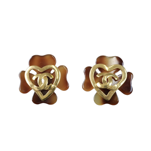 Rank A ｜  CHANEL Clover Cocomark Heart Earrings Tortoise Brown Gold 95P Vintage   ｜122106