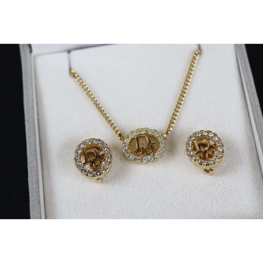 Rank A ｜ Dior Necklace Earring Set Gold 18k Gold Plated  Rhinestone｜090105