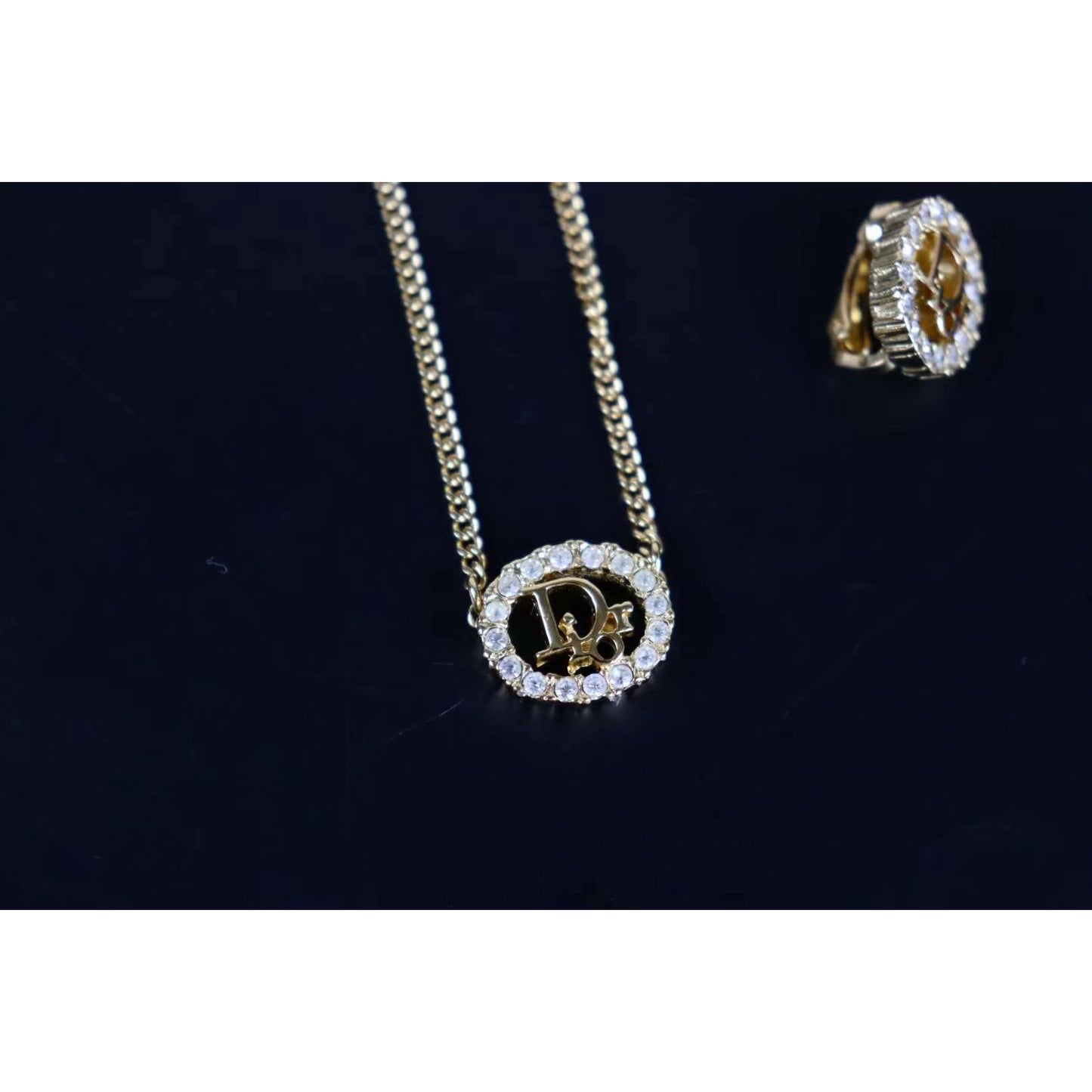 Rank A ｜ Dior Necklace Earring Set Gold 18k Gold Plated  Rhinestone｜090105