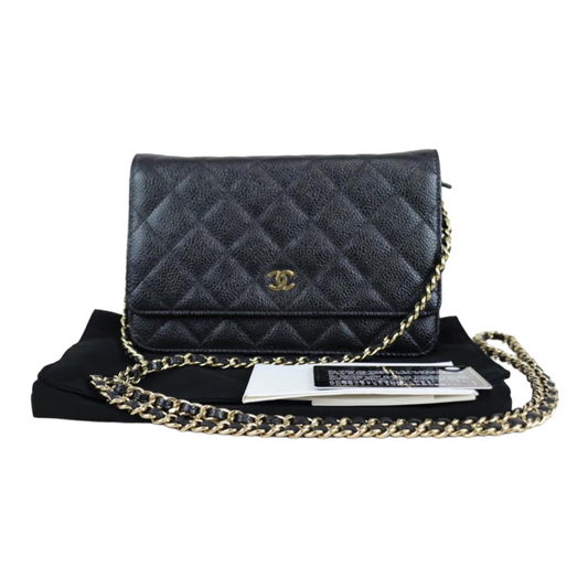 Rank A ｜ CHANEL Matelasse Caviar Skin Chain Wallet Black Gold Hardware ｜22112502