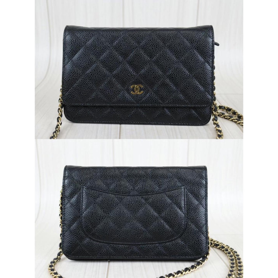 Rank A ｜ CHANEL Matelasse Caviar Skin Chain Wallet Black Gold Hardware ｜22112502