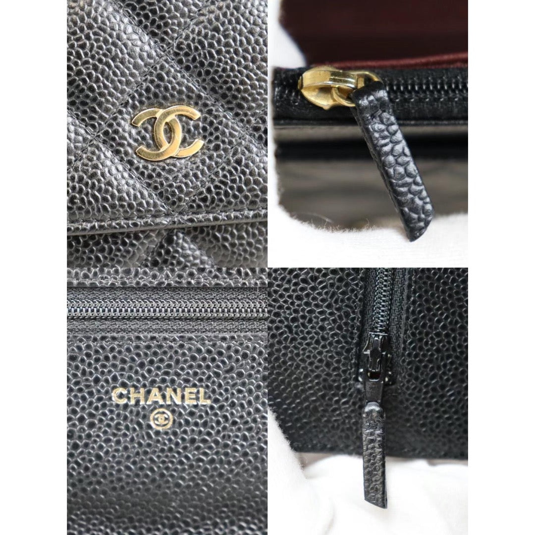 Rank A ｜ CHANEL Matelasse Caviar Skin Chain Wallet Black Gold Hardware ｜22112502