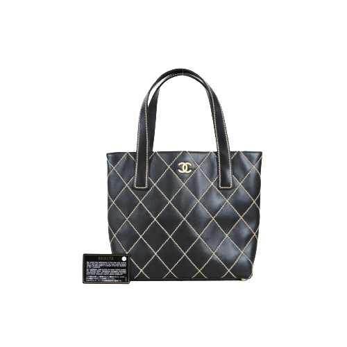 Rank A ｜Chanel Black Lamb Skin Wild Stitching Coco Mark Handbag ｜062108