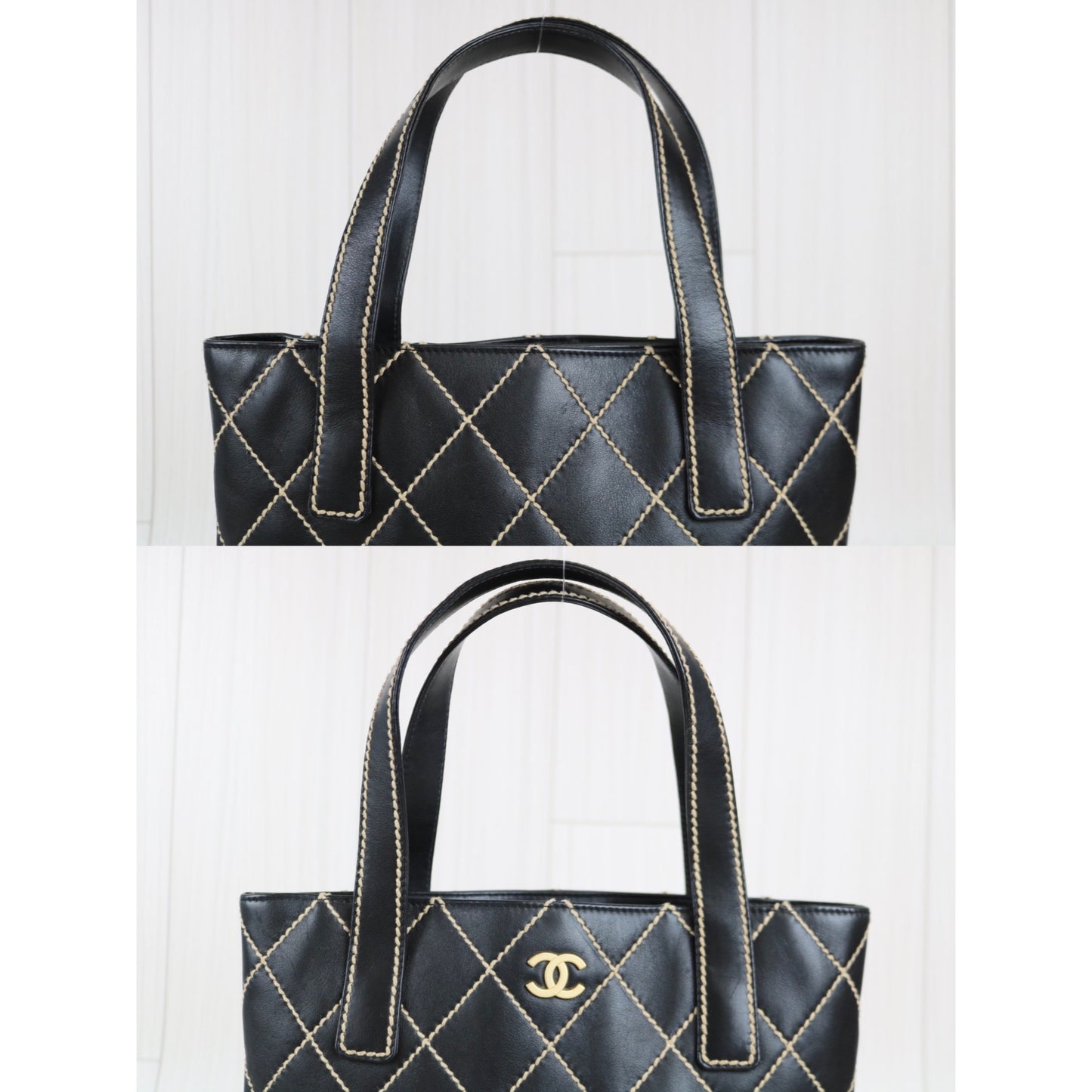 Rank A ｜Chanel Black Lamb Skin Wild Stitching Coco Mark Handbag ｜062108