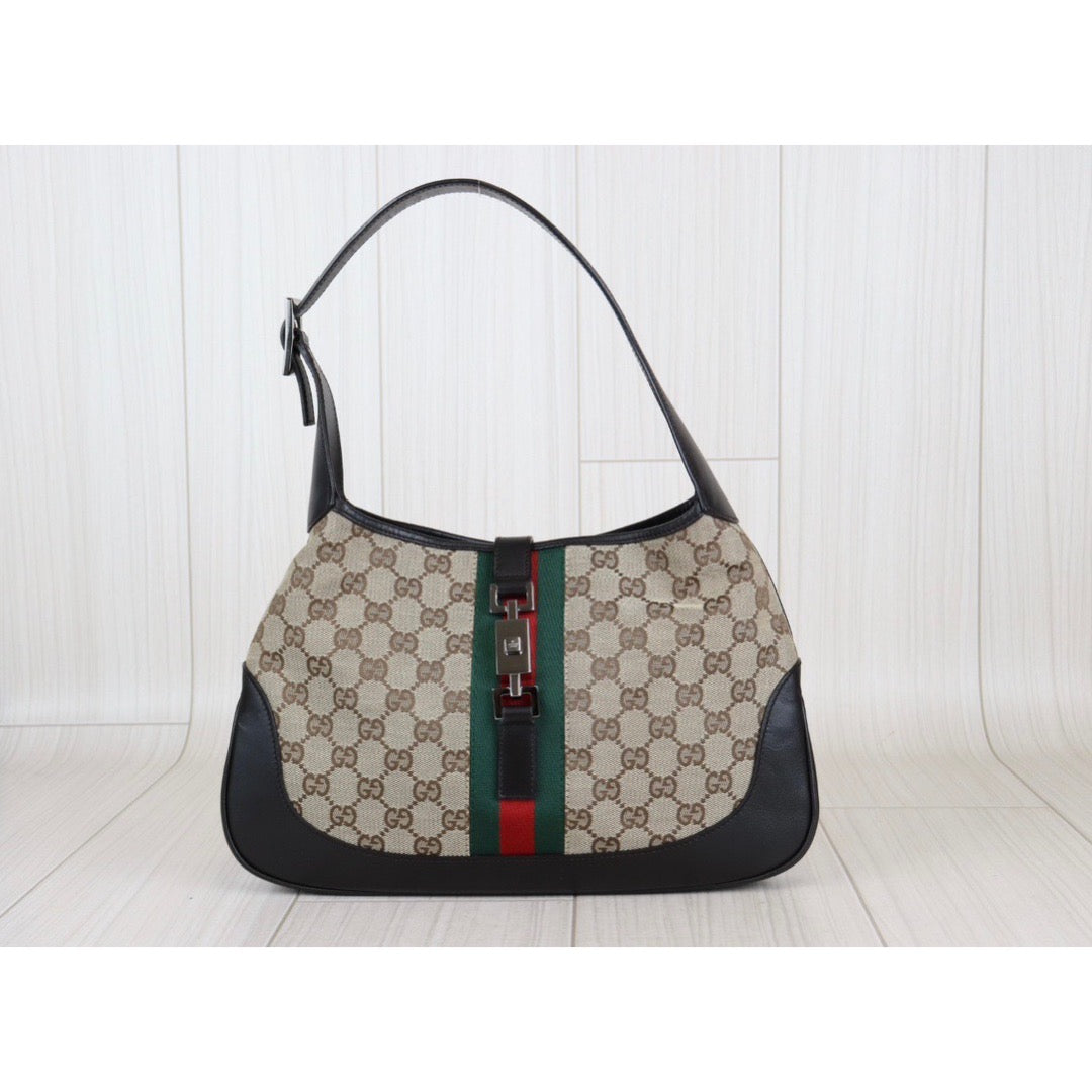 Rank A GUCCI Tan Monogram Canvas Hobo Jackie O Bag with Stripes